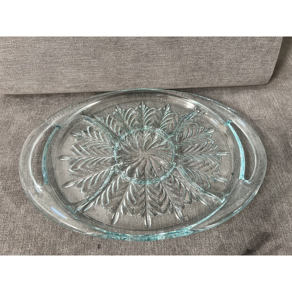 Vintage Aquamarine Jeanette Glass Handled Feather Divided Oval Tray 15.5"L X 9"W